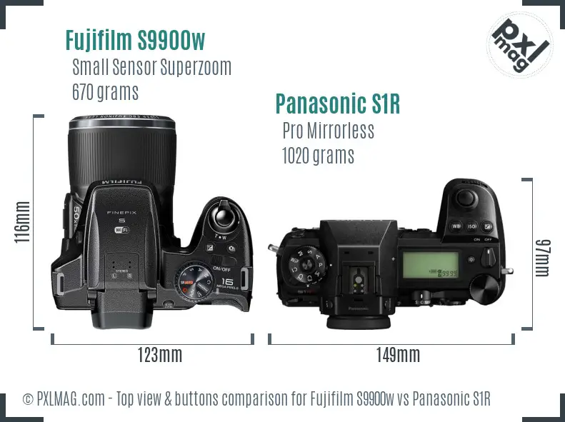 Fujifilm S9900w vs Panasonic S1R top view buttons comparison