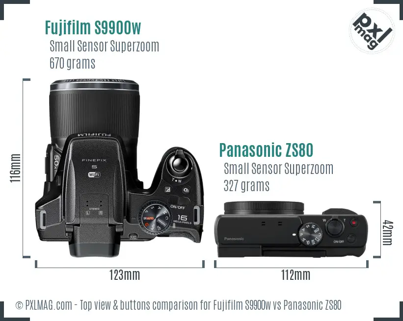 Fujifilm S9900w vs Panasonic ZS80 top view buttons comparison