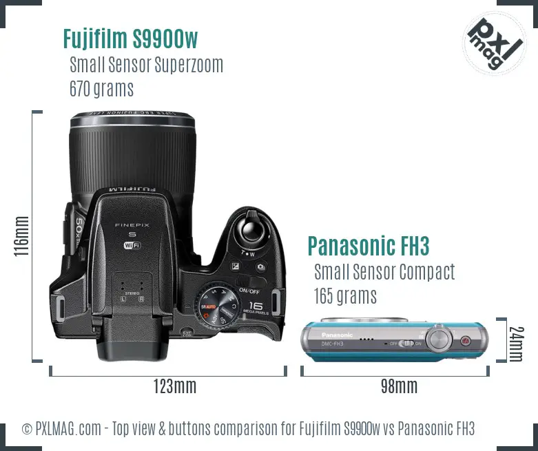 Fujifilm S9900w vs Panasonic FH3 top view buttons comparison