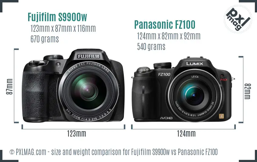 Fujifilm S9900w vs Panasonic FZ100 size comparison