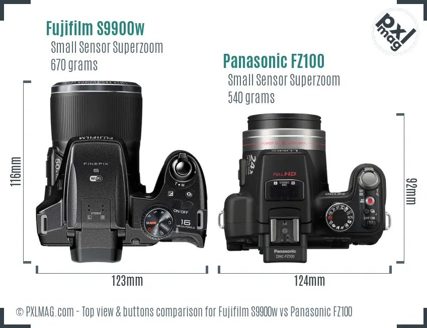 Fujifilm S9900w vs Panasonic FZ100 top view buttons comparison