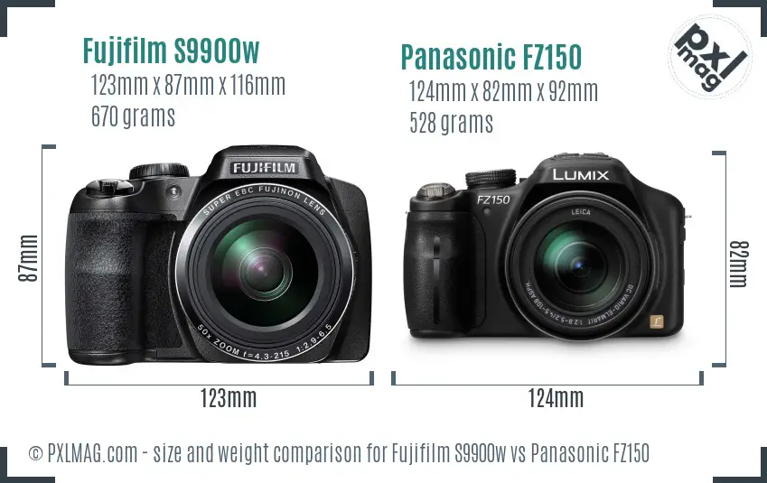 Fujifilm S9900w vs Panasonic FZ150 size comparison