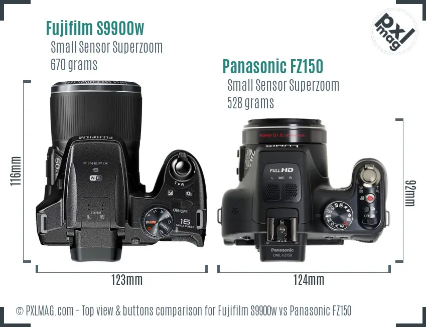 Fujifilm S9900w vs Panasonic FZ150 top view buttons comparison