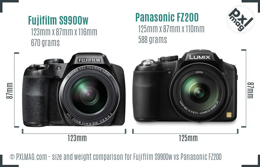 Fujifilm S9900w vs Panasonic FZ200 size comparison