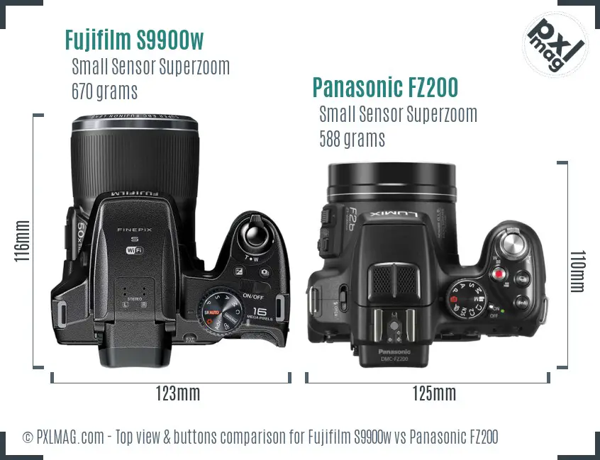 Fujifilm S9900w vs Panasonic FZ200 top view buttons comparison