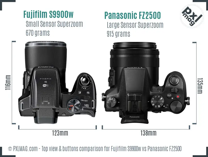 Fujifilm S9900w vs Panasonic FZ2500 top view buttons comparison