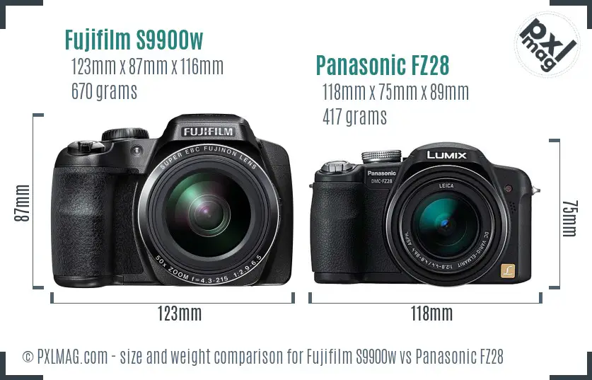 Fujifilm S9900w vs Panasonic FZ28 size comparison
