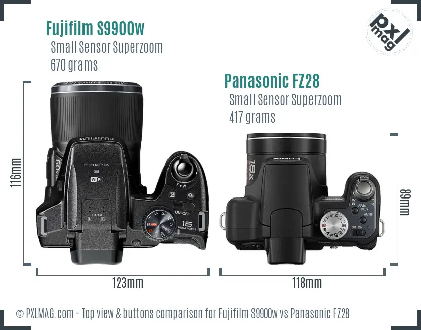 Fujifilm S9900w vs Panasonic FZ28 top view buttons comparison