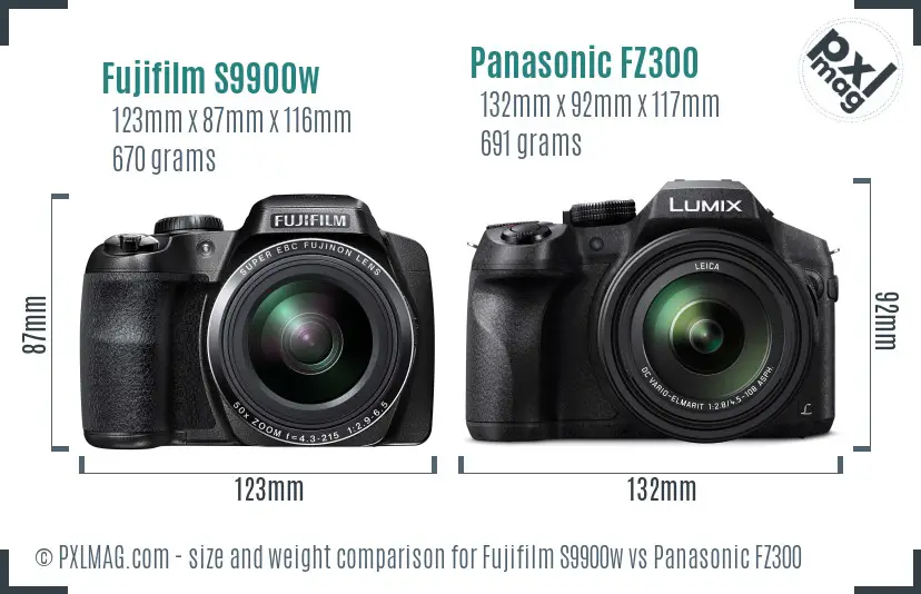 Fujifilm S9900w vs Panasonic FZ300 size comparison