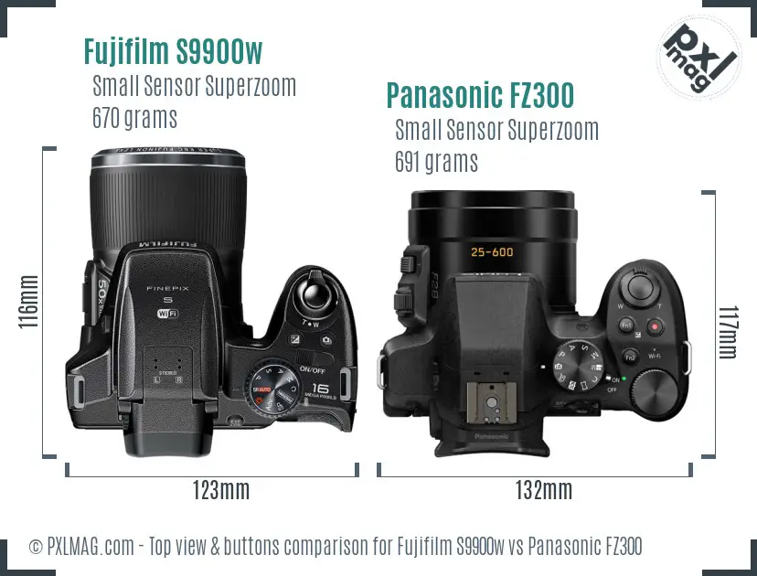 Fujifilm S9900w vs Panasonic FZ300 top view buttons comparison