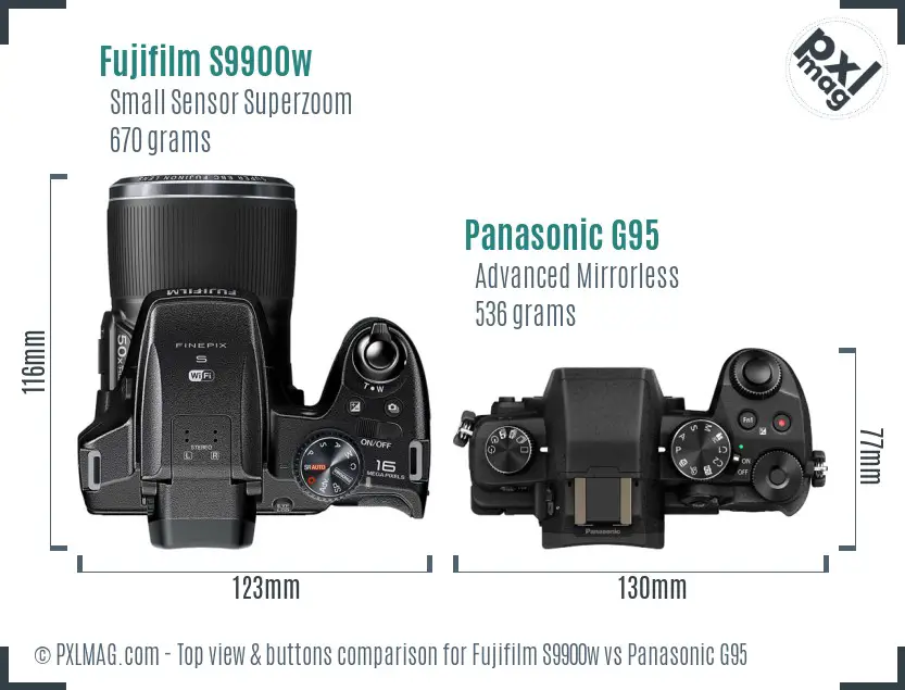 Fujifilm S9900w vs Panasonic G95 top view buttons comparison