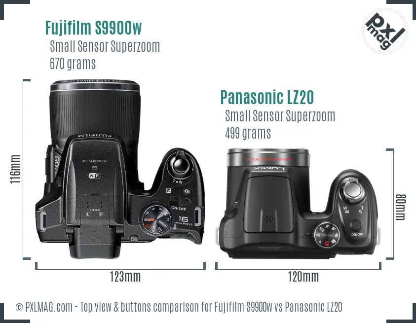 Fujifilm S9900w vs Panasonic LZ20 top view buttons comparison