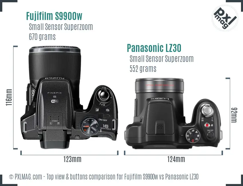 Fujifilm S9900w vs Panasonic LZ30 top view buttons comparison Fujifilm S9900w vs Panasonic LZ30 top view buttons comparison