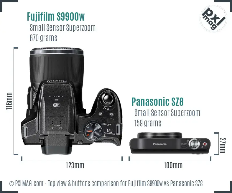 Fujifilm S9900w vs Panasonic SZ8 top view buttons comparison Fujifilm S9900w vs Panasonic SZ8 top view buttons comparison