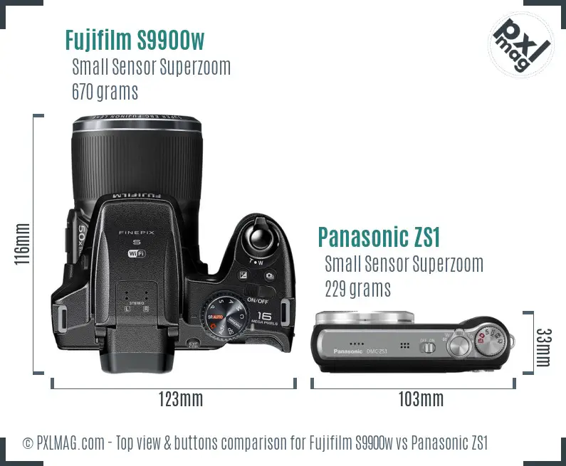 Fujifilm S9900w vs Panasonic ZS1 top view buttons comparison