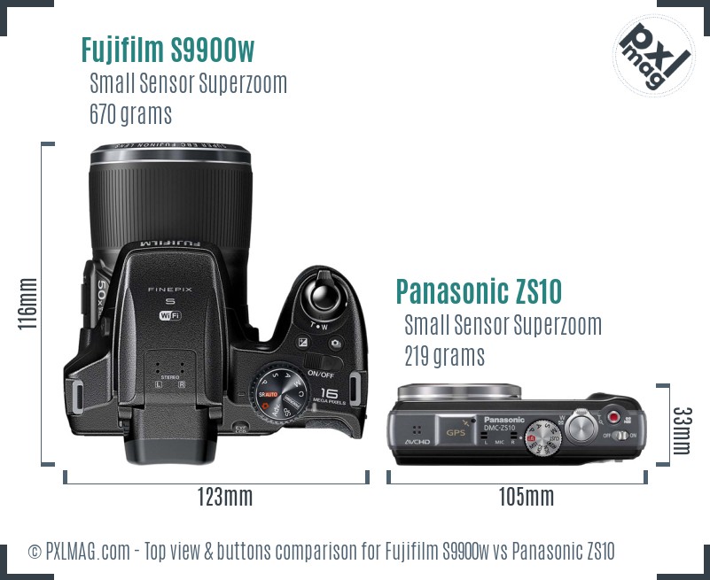 Fujifilm S9900w vs Panasonic ZS10 top view buttons comparison