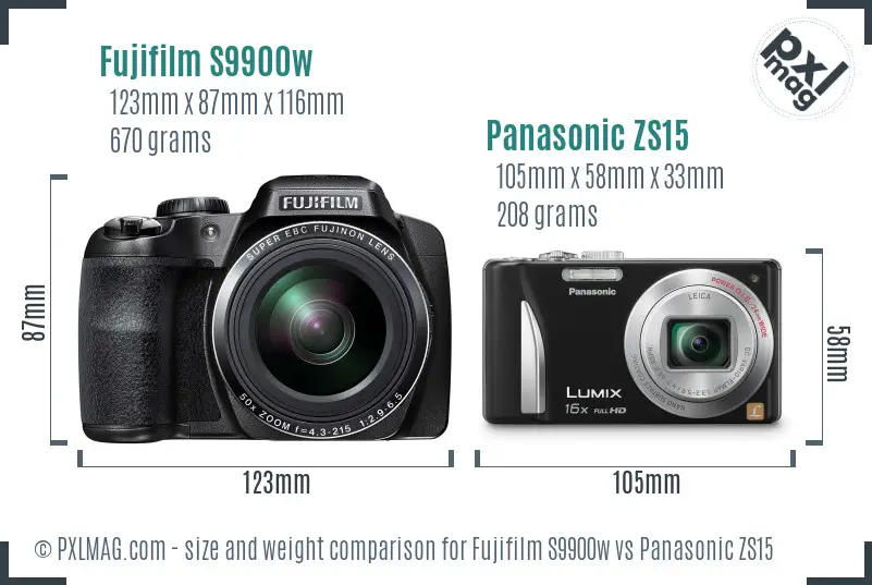 Fujifilm S9900w vs Panasonic ZS15 size comparison