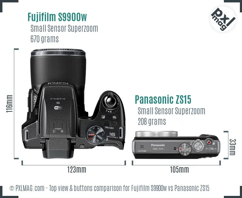 Fujifilm S9900w vs Panasonic ZS15 top view buttons comparison