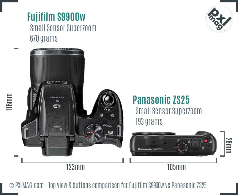 Fujifilm S9900w vs Panasonic ZS25 top view buttons comparison