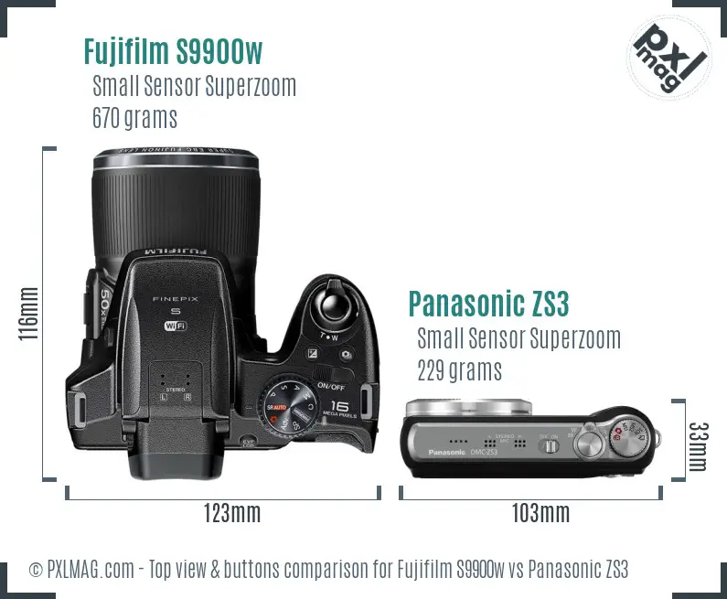 Fujifilm S9900w vs Panasonic ZS3 top view buttons comparison