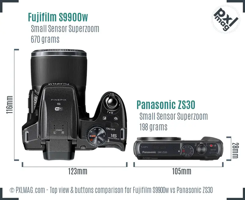 Fujifilm S9900w vs Panasonic ZS30 top view buttons comparison