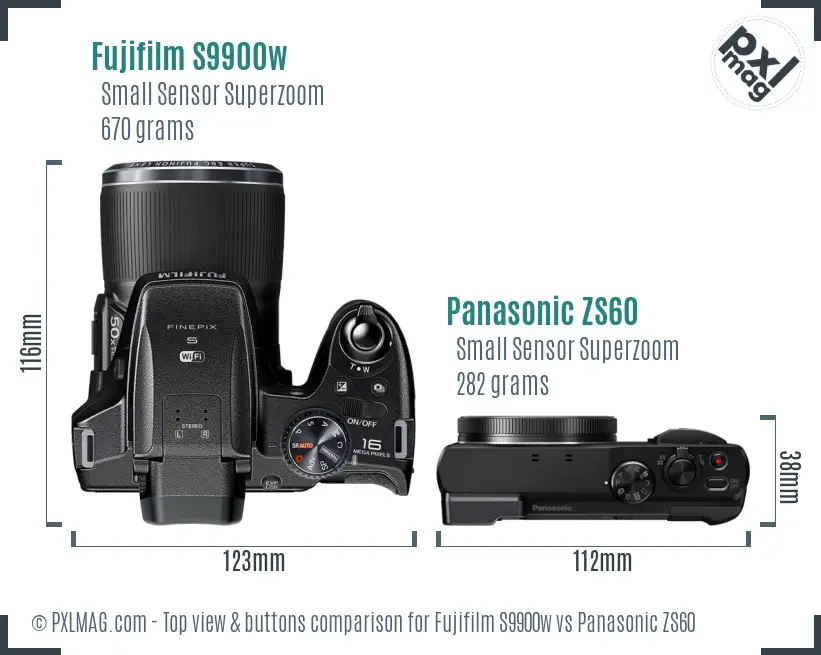 Fujifilm S9900w vs Panasonic ZS60 top view buttons comparison