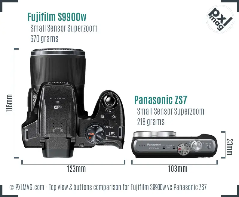 Fujifilm S9900w vs Panasonic ZS7 top view buttons comparison