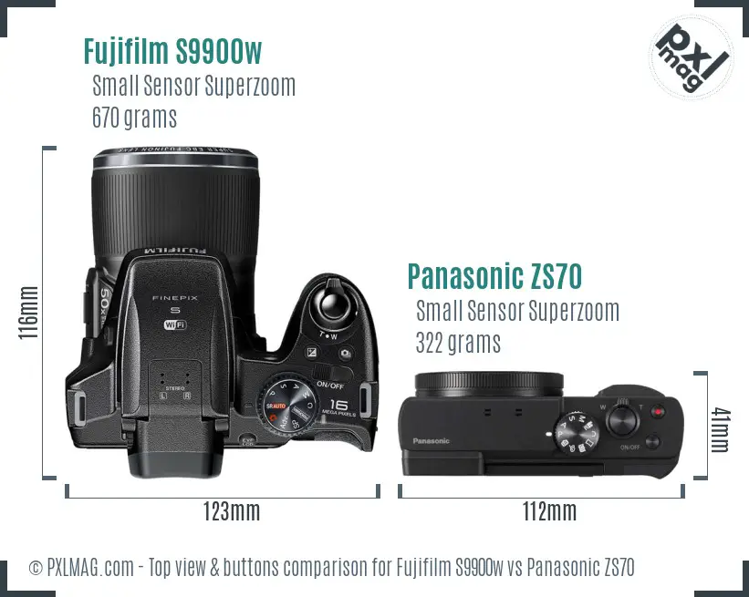 Fujifilm S9900w vs Panasonic ZS70 top view buttons comparison