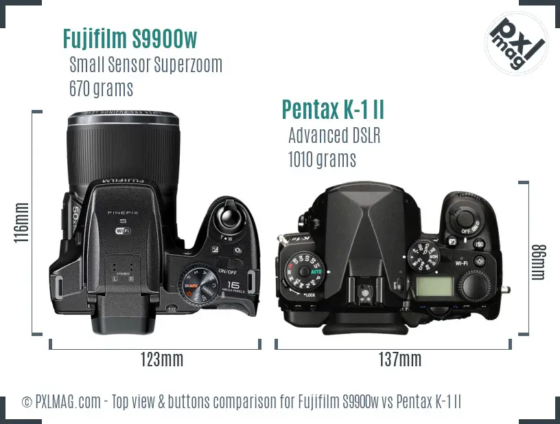 Fujifilm S9900w vs Pentax K-1 II top view buttons comparison