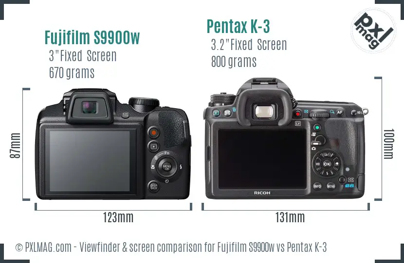 Fujifilm S9900w vs Pentax K-3 Screen and Viewfinder comparison