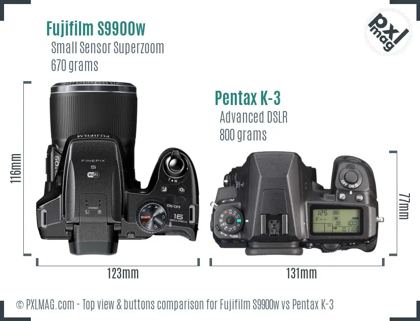 Fujifilm S9900w vs Pentax K-3 top view buttons comparison