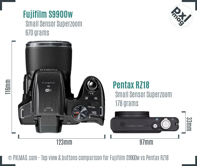 Fujifilm S9900w vs Pentax RZ18 top view buttons comparison Fujifilm S9900w vs Pentax RZ18 top view buttons comparison