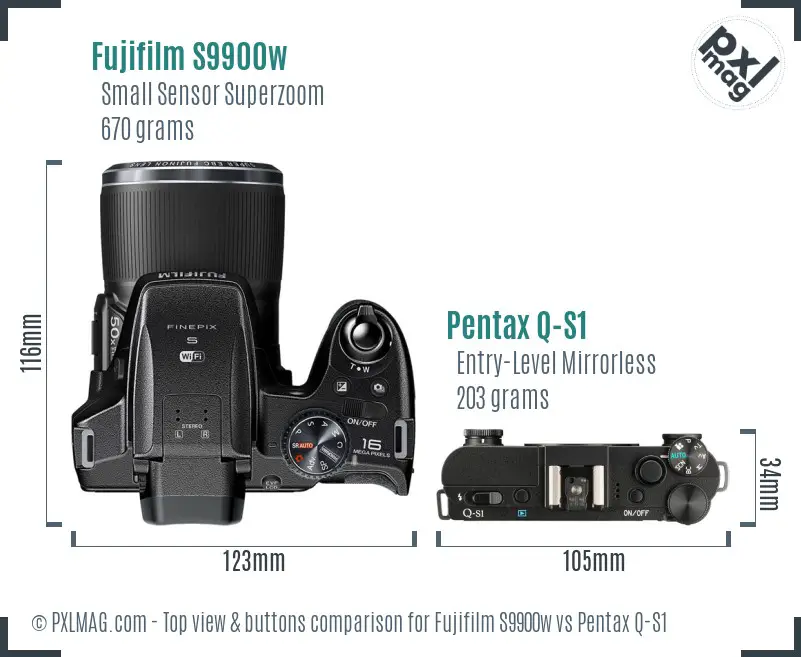 Fujifilm S9900w vs Pentax Q-S1 top view buttons comparison