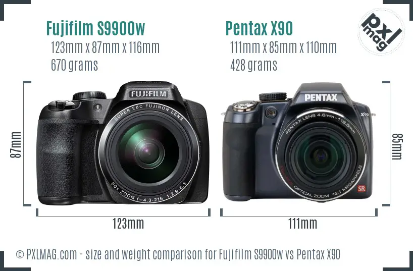 Fujifilm S9900w vs Pentax X90 size comparison