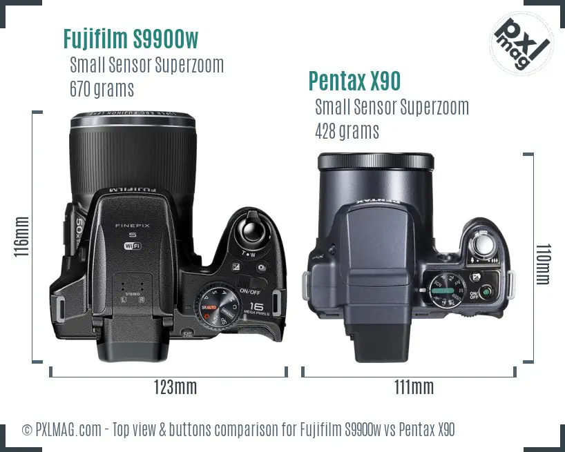 Fujifilm S9900w vs Pentax X90 top view buttons comparison