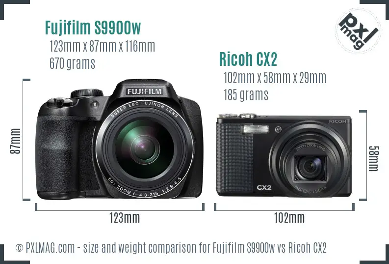 Fujifilm S9900w vs Ricoh CX2 size comparison