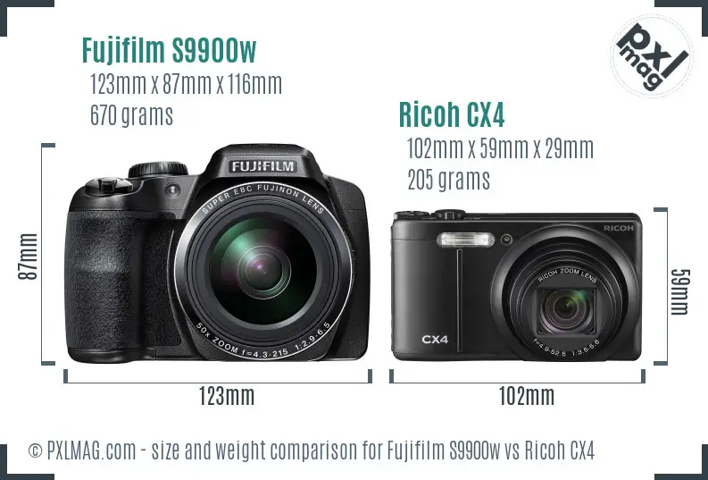 Fujifilm S9900w vs Ricoh CX4 size comparison