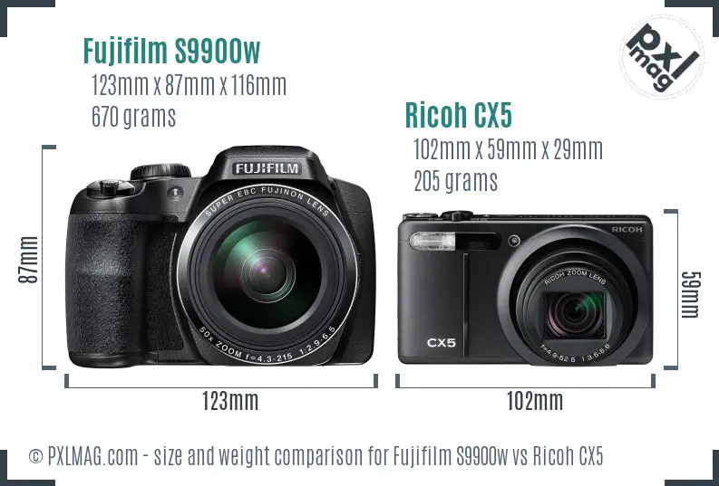 Fujifilm S9900w vs Ricoh CX5 size comparison Fujifilm S9900w vs Ricoh CX5 size comparison