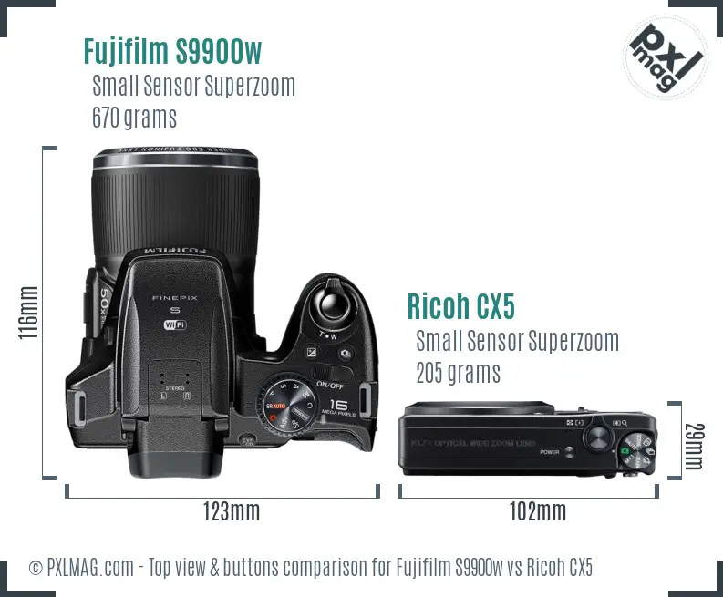 Fujifilm S9900w vs Ricoh CX5 top view buttons comparison Fujifilm S9900w vs Ricoh CX5 top view buttons comparison