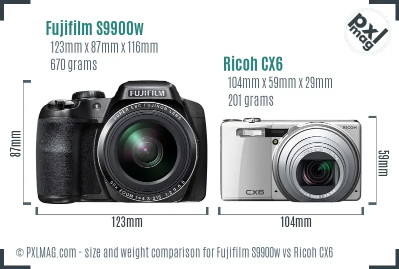 Fujifilm S9900w vs Ricoh CX6 size comparison