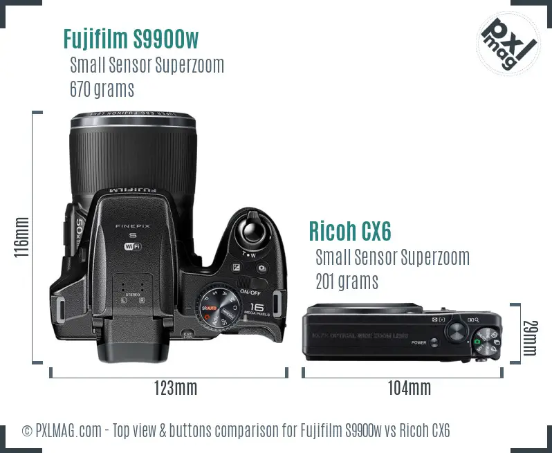 Fujifilm S9900w vs Ricoh CX6 top view buttons comparison