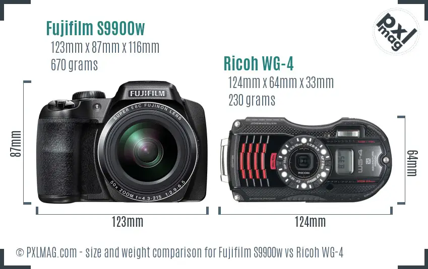 Fujifilm S9900w vs Ricoh WG-4 size comparison