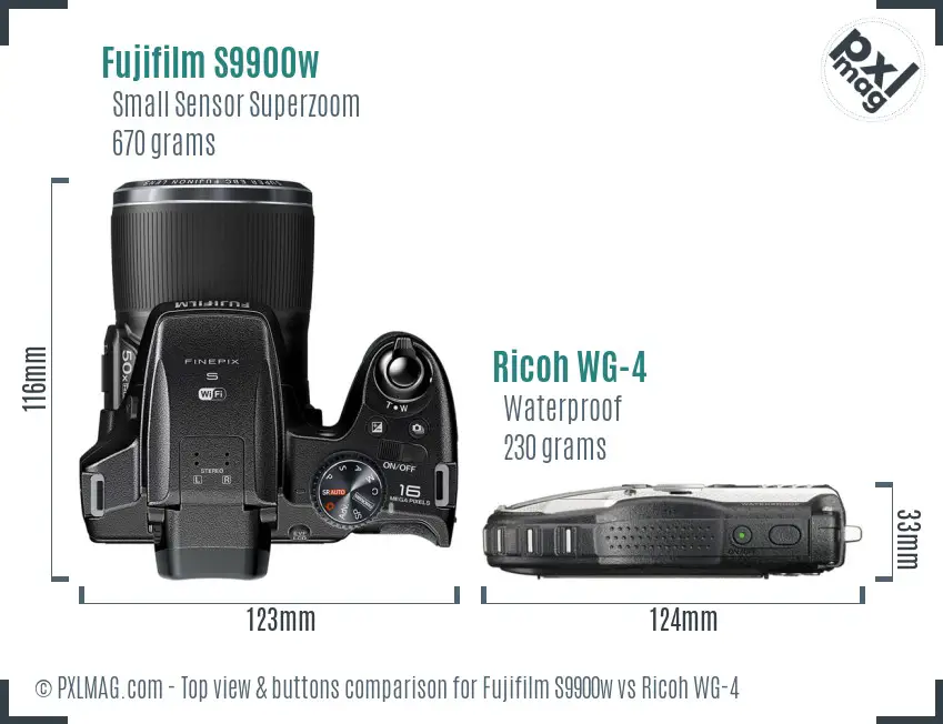 Fujifilm S9900w vs Ricoh WG-4 top view buttons comparison