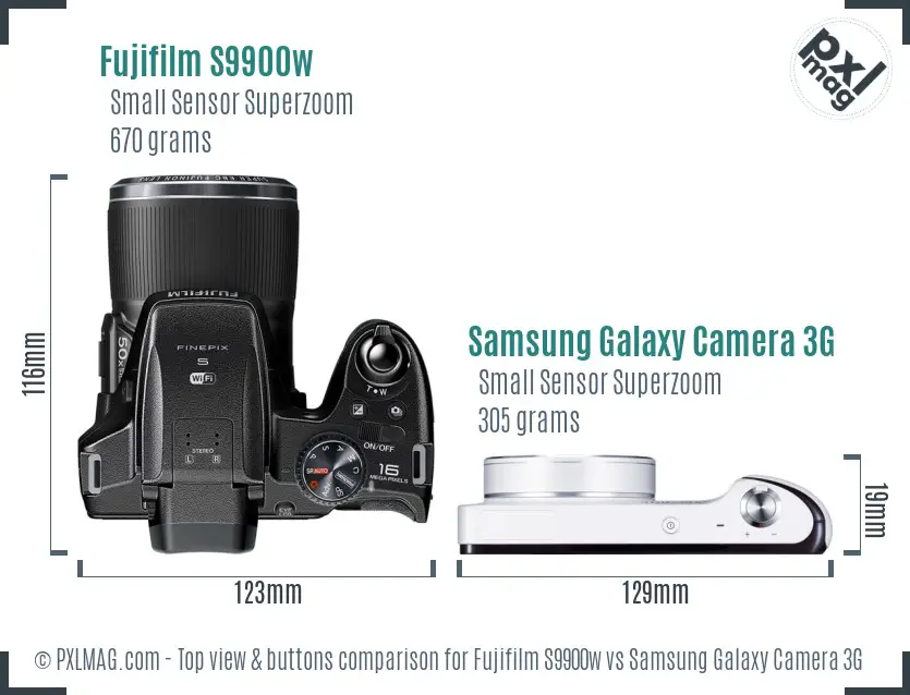 Fujifilm S9900w vs Samsung Galaxy Camera 3G top view buttons comparison