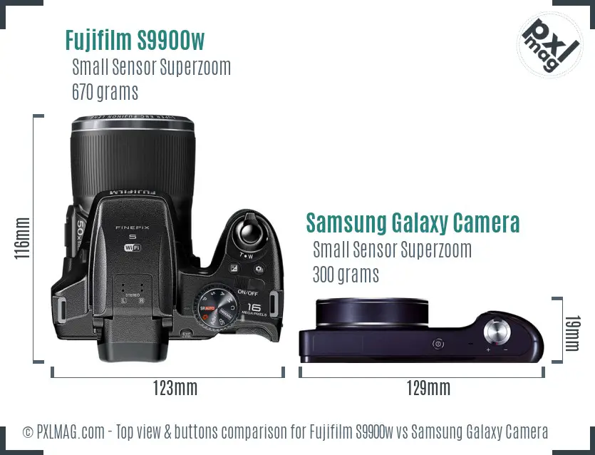 Fujifilm S9900w vs Samsung Galaxy Camera top view buttons comparison