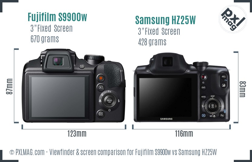 Fujifilm S9900w vs Samsung HZ25W Screen and Viewfinder comparison