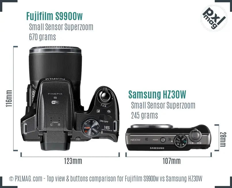 Fujifilm S9900w vs Samsung HZ30W top view buttons comparison