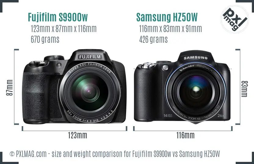 Fujifilm S9900w vs Samsung HZ50W size comparison