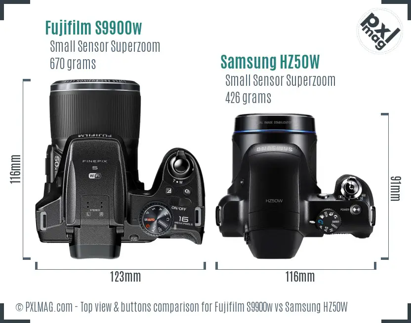 Fujifilm S9900w vs Samsung HZ50W top view buttons comparison