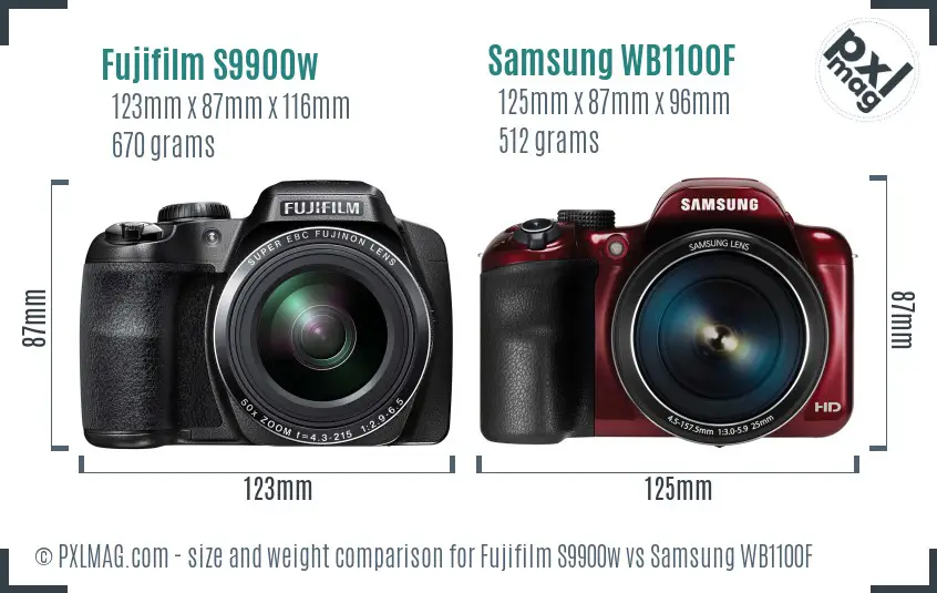 Fujifilm S9900w vs Samsung WB1100F size comparison